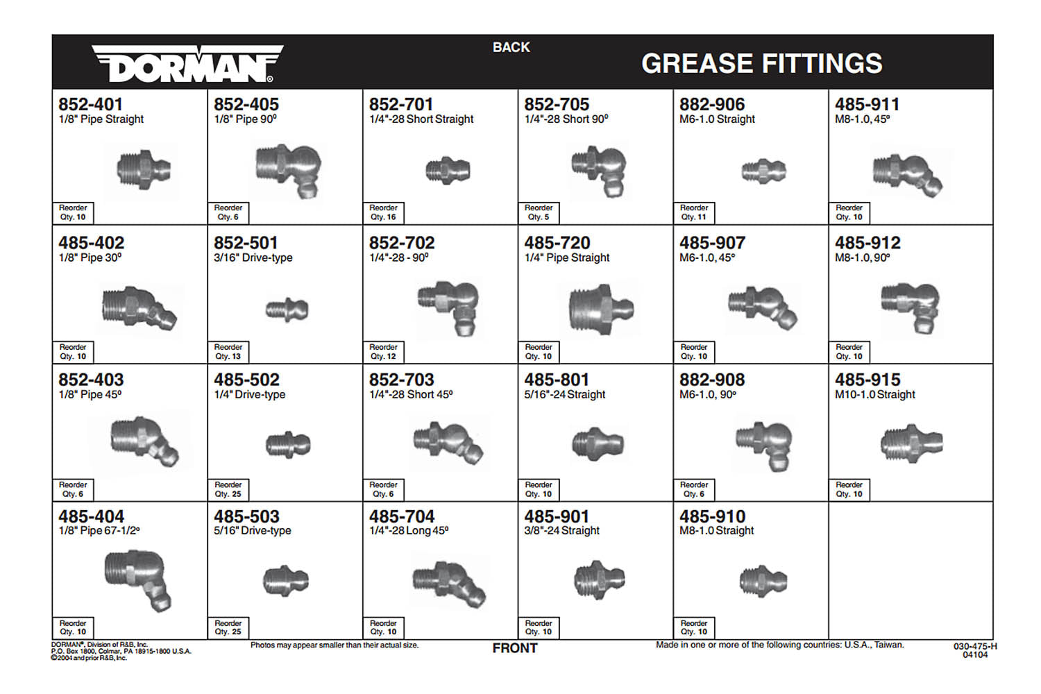 Brass Grease Fitting Tech Tray Assortment (Dorman 030475)Contains 10