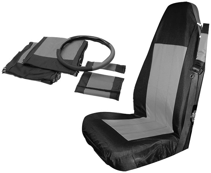 Front Seat Cover Set (Black/Gray) w/ Belt Pads & Wheel Cover - Crown# SC10021