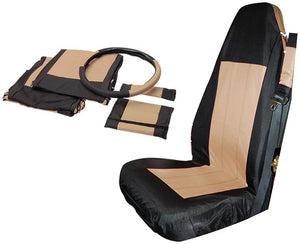 Front Seat Cover Set (Black/Tan) w/ Belt Pads & Wheel Cover - Crown# SC10024