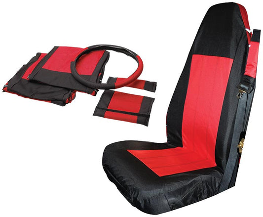 Front Seat Cover Set (Black/Red) w/ Belt Pads & Wheel Cover - Crown# SC10030