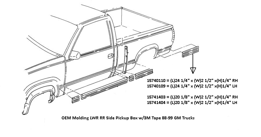 OEM LH Molding LWR RR Side P/Up Box 3M Tape 88-99 GM Truck 24-1/4"x2-1/2"x1/4"