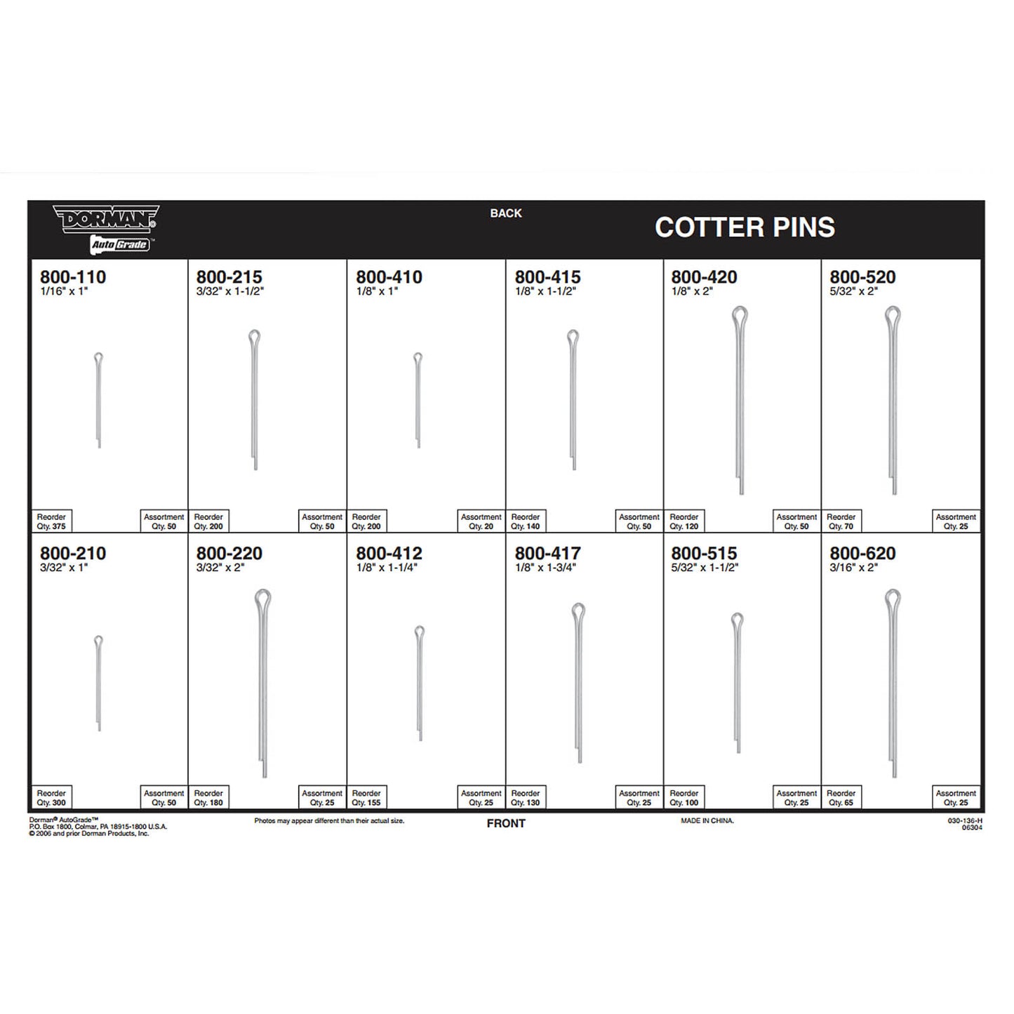 Cotter Pin Tech Tray - 12 SKUs - 390 Pcs. - Dorman# 030-136