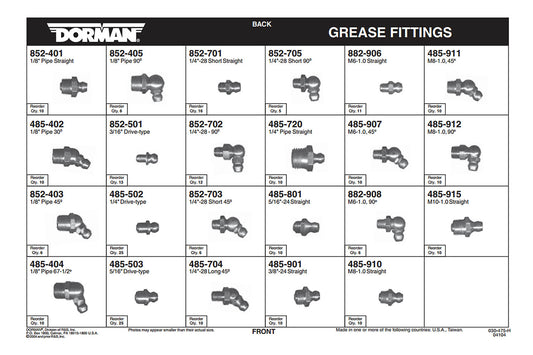 Brass Grease Fitting Tech Tray Assortment (Dorman #030-475)Contains 101 Pcs.