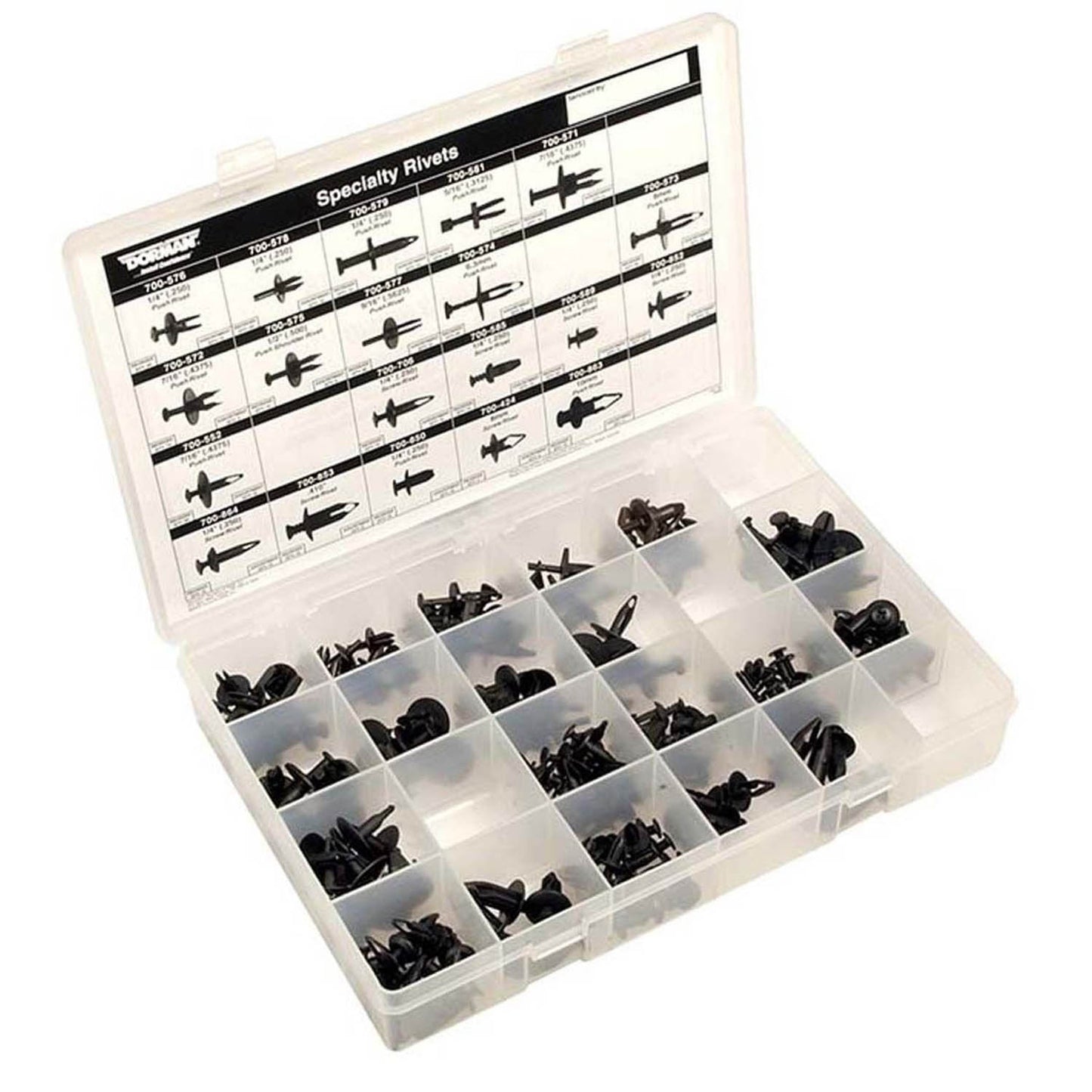 Nylon Push/Screw Rivet Assortment (Dorman 030-728) 20 SKU/220 Pc. Tech Tray