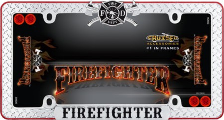 Chrome/Black/Red Firefighter License Plate Frame w/fastener cap - Cruiser# 30936