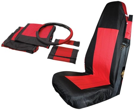 Front Seat Cover Set (Black/Red) w/ Belt Pads & Wheel Cover - Crown# SCP20030