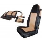 Front Seat Cover Set (Black/Tan) w/ Belt Pads & Wheel Cover - Crown# SCP20024